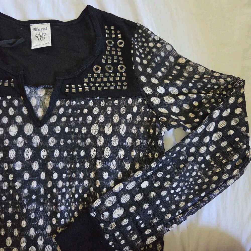 Y2k Vocal Studded Grommet Mesh Tunic Top Sheer Floral Grunge Moto Emo Steampunk